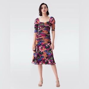 Diane von Furstenberg Dacey Oasis Mesh Ruched Dress with sweetheart neckline